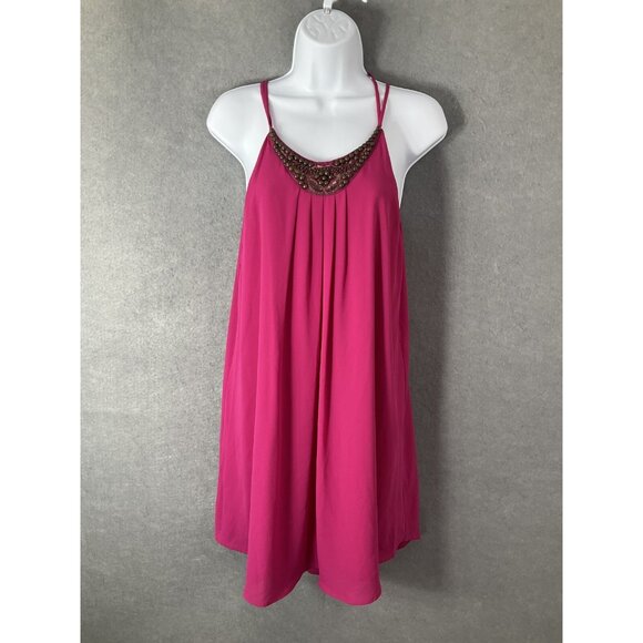 Astr Dress Womens Sz M Pink Sequis Beaded Round Neckline Pleated‎ Flowy Bohemian - Picture 1 of 9